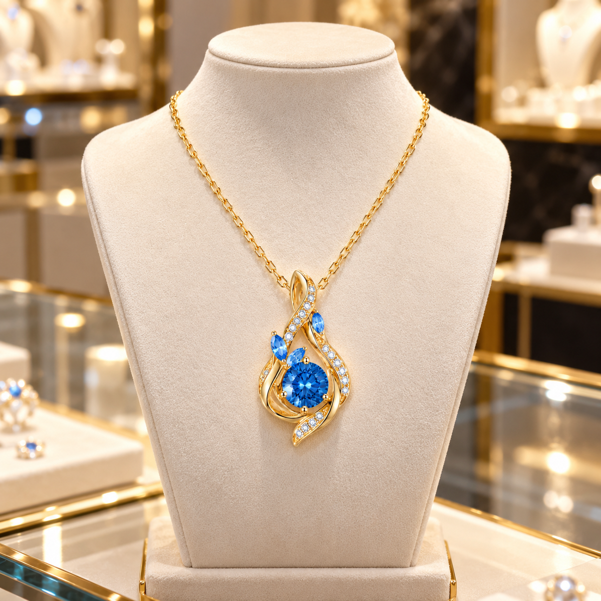 Blue CZ Teardrop Pendant Necklace | Ornate Golden Frame Daily Wear Necklace