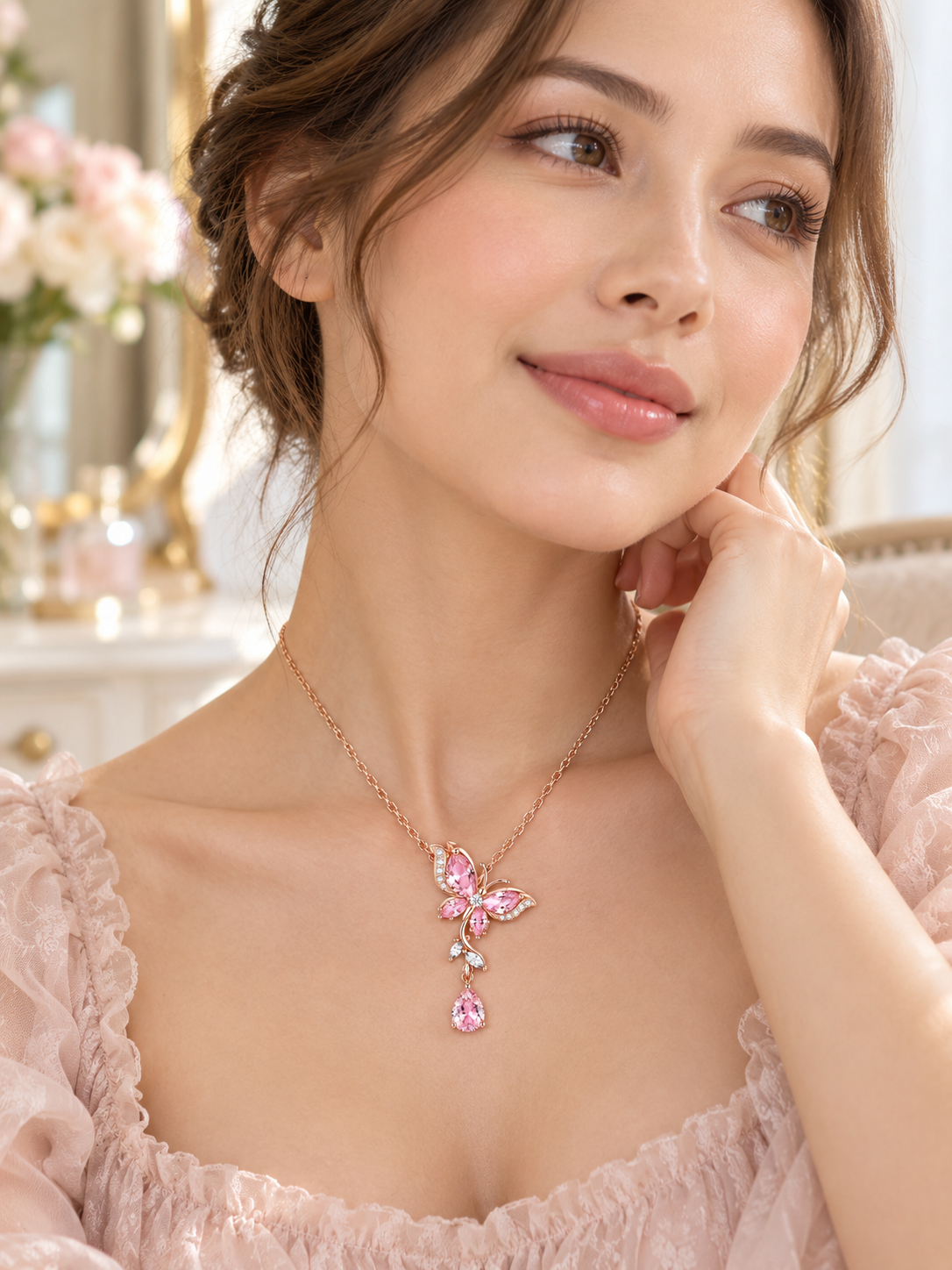 Pink Butterfly CZ Pendant Necklace: Rose Gold Edition