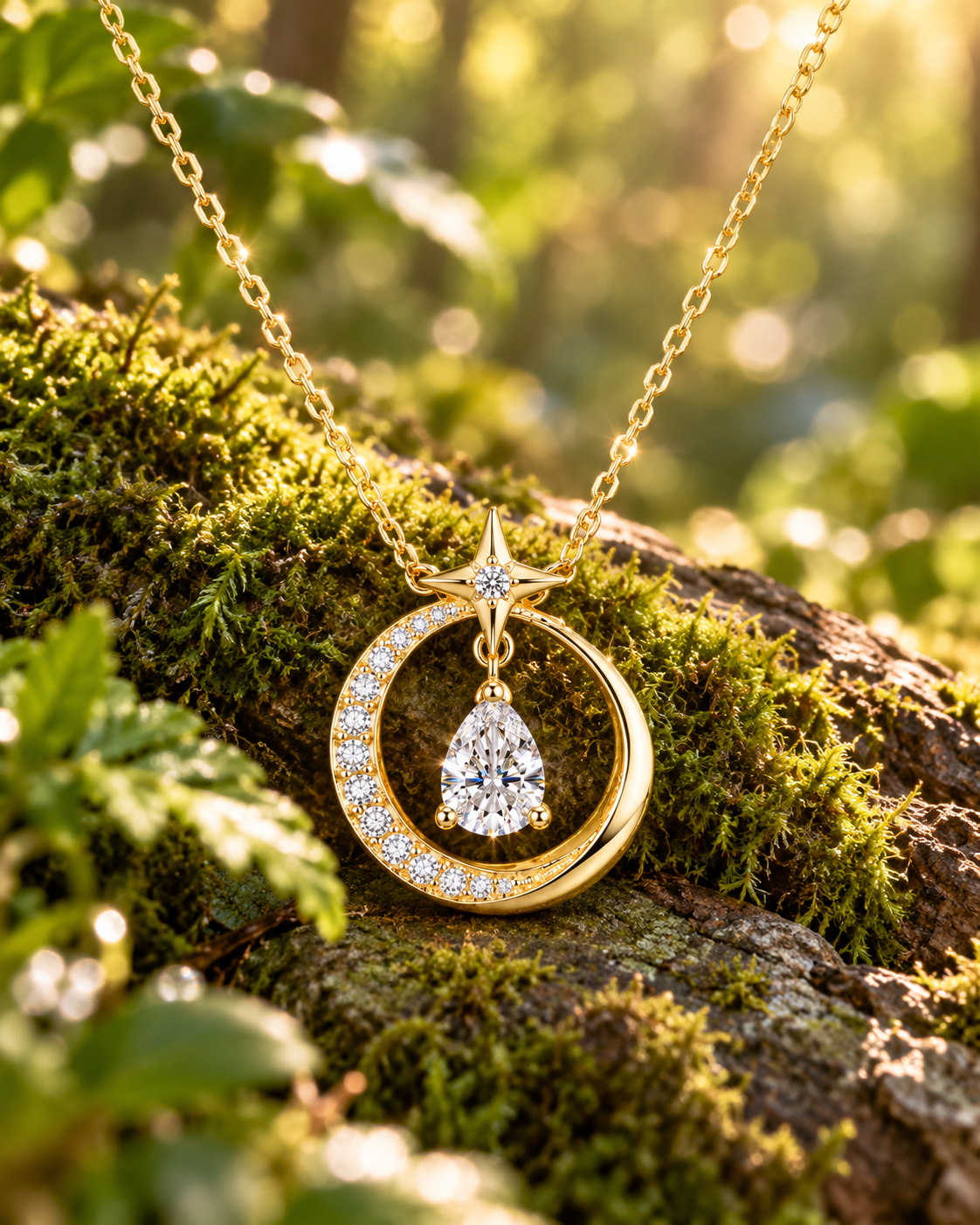 LUNARA Star & Moon CZ Pendant Necklace | Sparkle Boost & Elegant Neck Feel