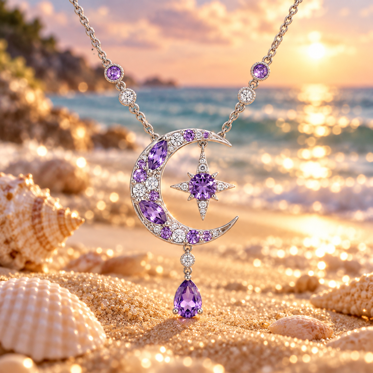 Lumière Purple Moon & Star CZ Necklace: Celestial Glow Edition