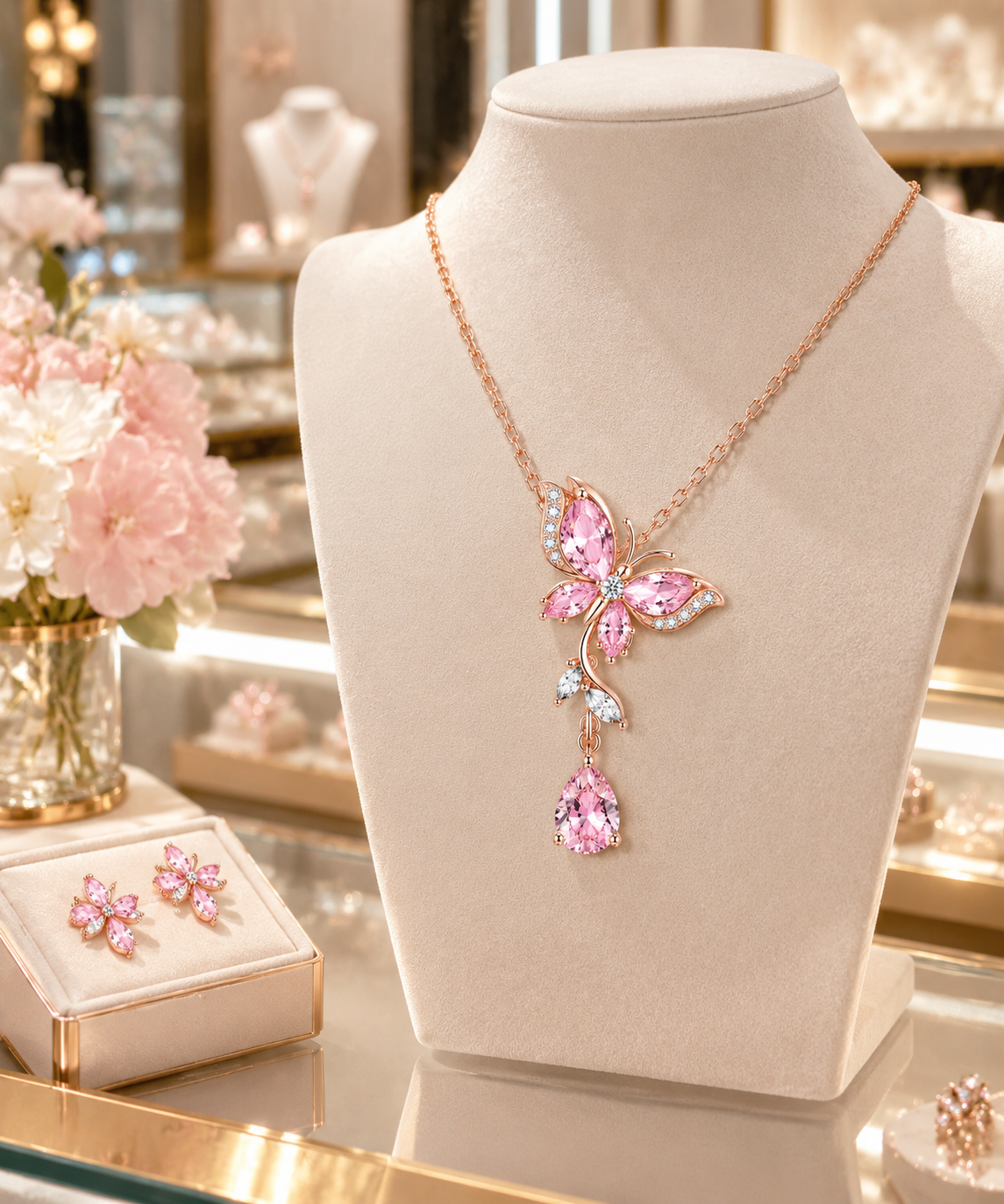 Pink Butterfly CZ Pendant Necklace: Rose Gold Edition
