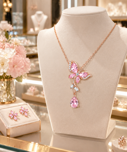 Pink Butterfly CZ Pendant Necklace: Rose Gold Edition