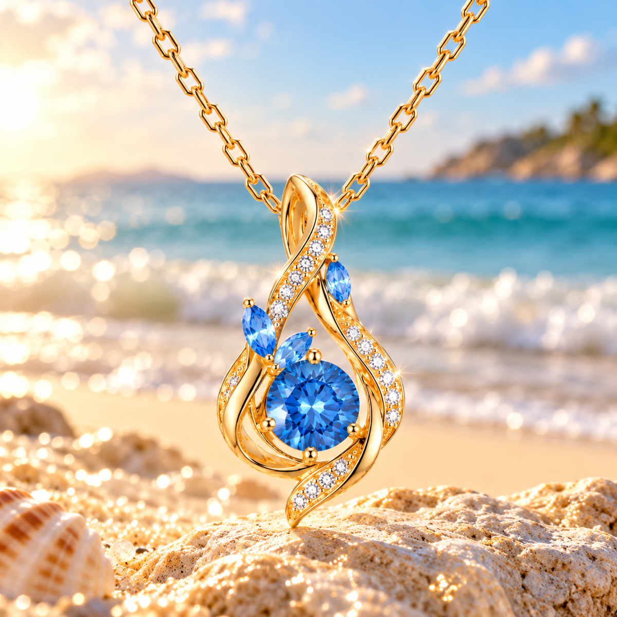 Blue CZ Teardrop Pendant Necklace | Ornate Golden Frame Daily Wear Necklace