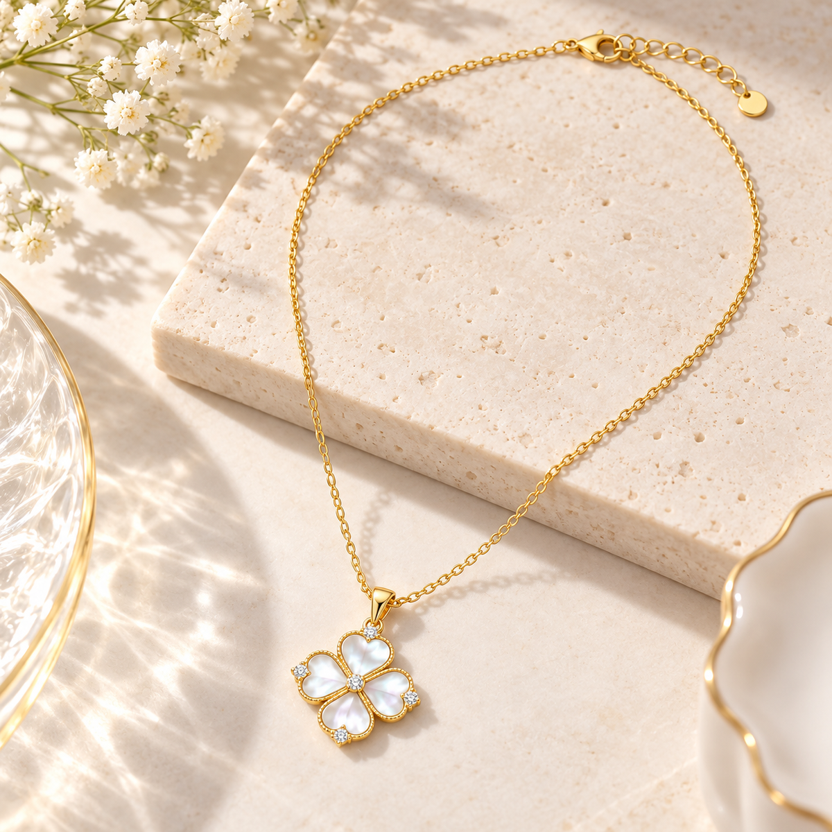 Dainty Mother of Pearl Clover Necklace – Elegant Accessory & Everyday Wear Jewelry