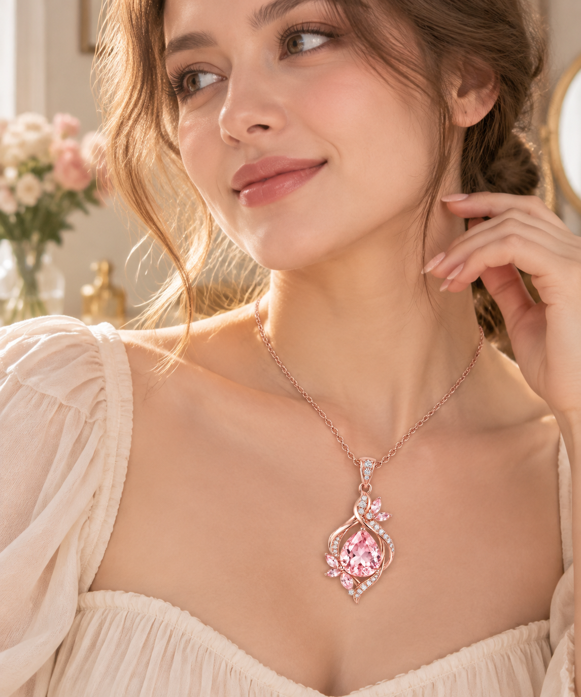 LUMINANCE JEWELRY Pink Teardrop CZ Rose Gold Necklace | Sparkling & Elegant Style for Radiant-Looking Outfits