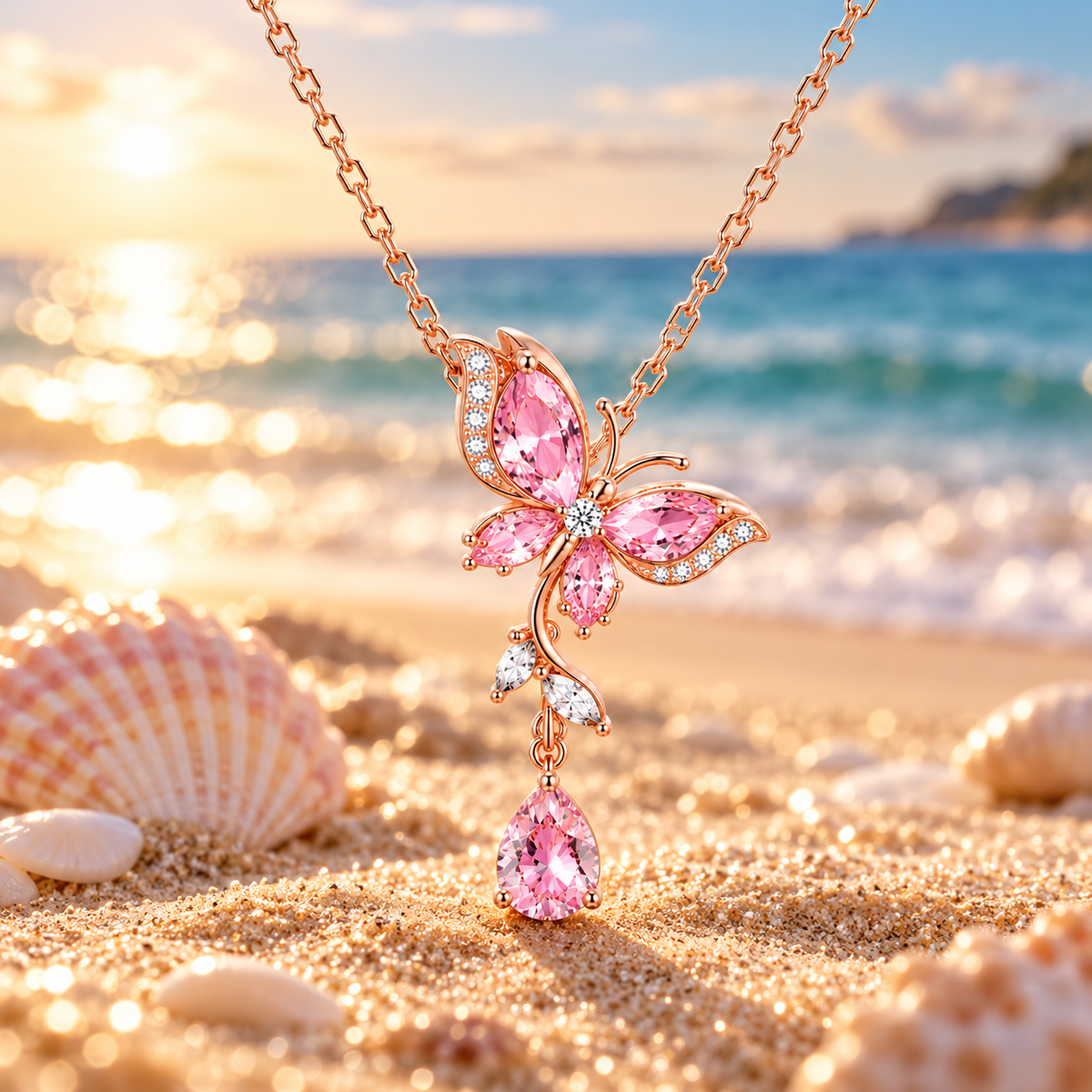 Pink Butterfly CZ Pendant Necklace: Rose Gold Edition